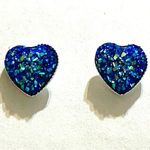 Iridescent Blue & Green Druzy Heart Stud Earrings
